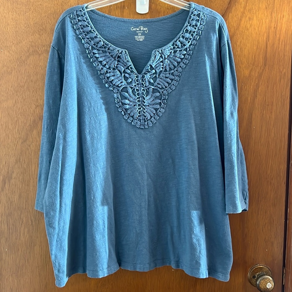 🌞 Coral Bay embroidered neckline blue tunic top blouse women plus size 2…